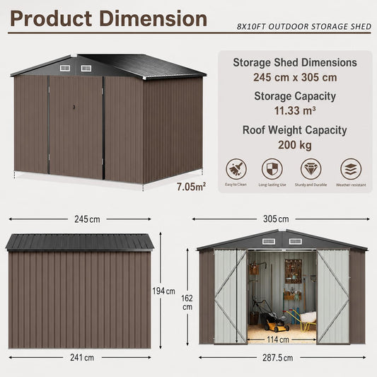 10 x 8ft Large Galvanised Metal Garden Storage Shed with Lockable Doors – view 2