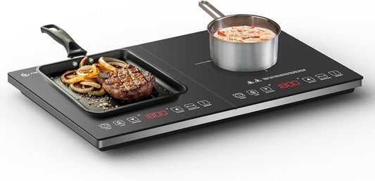 AMZCHEF Double Induction Hob 2800W Portable Cooker Ultra-Thin 10 Temperature Levels 3-Hour Timer