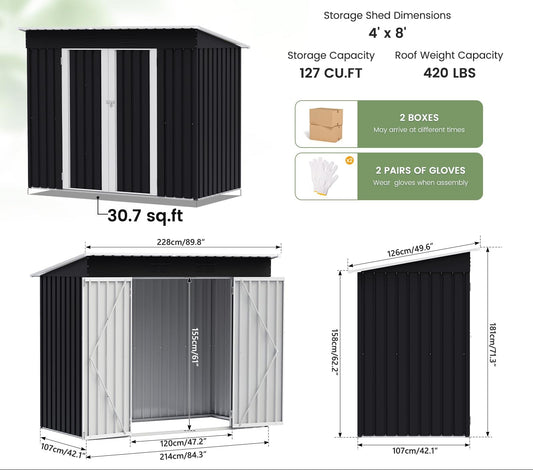 8 x 4ft Galvanised Metal Garden Storage Shed with Lockable Door – view 2