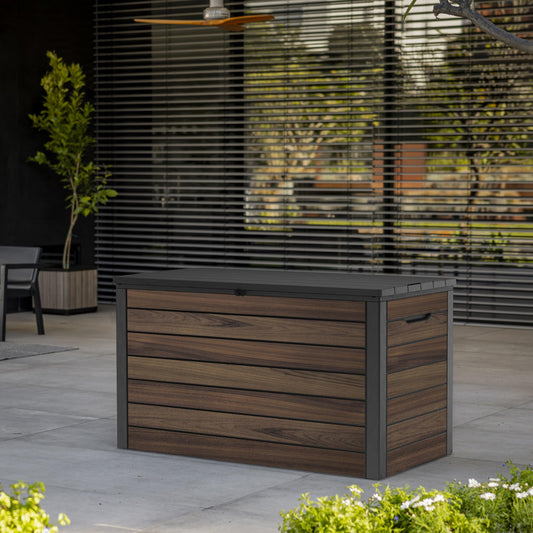 575L Outdoor Garden Storage Box with Wood Effect Finish & Seating – view 2